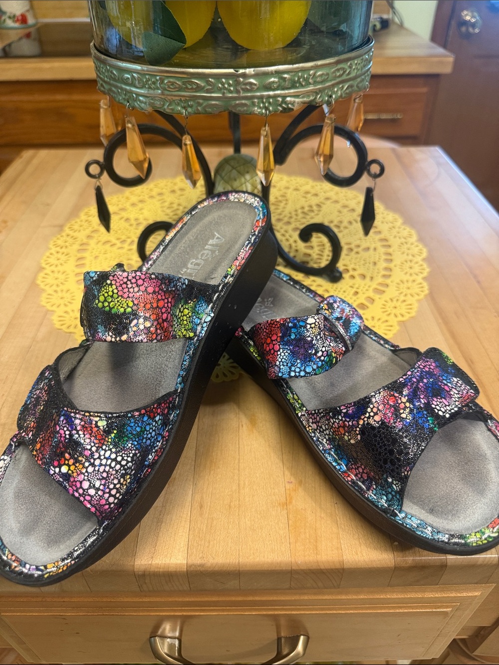 Alegria Multi-Color Speckled Black Slide Sandals